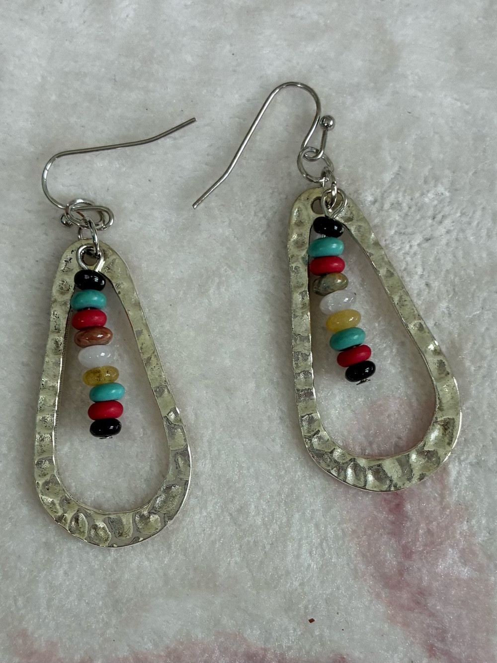 Silver-Tone Hammered Teardrop Earrings with Multicolor Beads